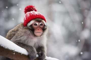 a monkey wearing a christmas hat in winter