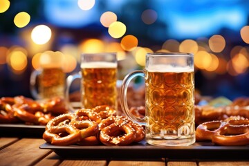 Fototapeta premium Close-up of a Table at Oktoberfest Filled with Food and Drinks AI Generated