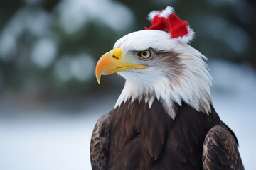 an eagle wearing a christmas hat in winter