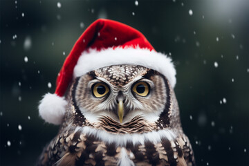 an owl wearing a christmas hat in winter