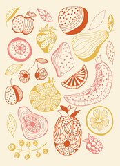 bright fruits and berries set. abstract fruits isolated on orange background. Juicy colors. Delicious and beautiful. Vector illustration