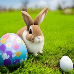 Single sedate furry american sable rabbit sitting on green grass with easter egg