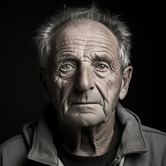 Fototapeta na wymiar Portrait of an elderly man with wrinkles and signs of aging. Charismatic grandfather on a dark dramatic background. Aggressive look at the camera. Generative AI