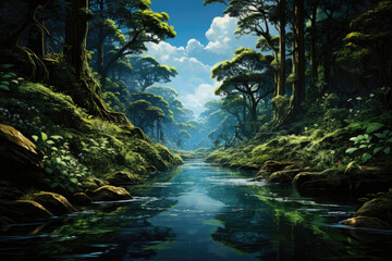 Fototapeta na wymiar Clear river in a green dense forest