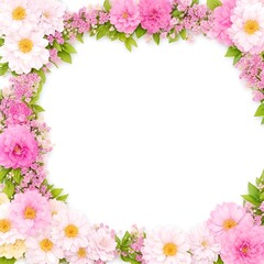 Roses, tulips and lilac flowers frame on white background for valentine's day greeting card