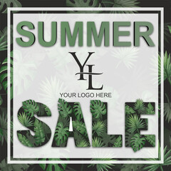 Summer Sale vector tropical typography sale design with green jungle palm tropical leaves your logo - obrazy, fototapety, plakaty