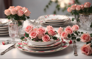 Obraz na płótnie Canvas Dinner set on dinner table with some flowers and roses, table setting, setting the table, tableware, dishware, crockery, place setting, wedding table setting, decoraciones, dinner table, plates, dine