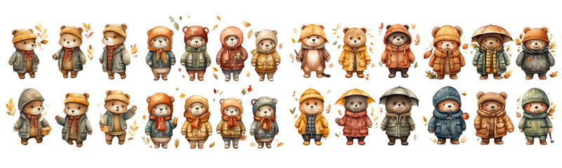 Set of colorful autumn Teddy bear watercolor collection illustration, Teddy bear isolated transparent background, PNG , Generative AI