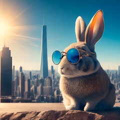 A rabbit wearing sunglasses and a purple background
