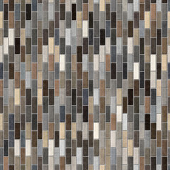Tiled surface with multicolored rectangular tiles arranged in parallel vertical lines on a grey background. Ceramic mosaic style. Blue, grey, and brown colors. Seamless geometric pattern. 