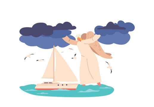 Angel Keeper Character Stands Guard, Ensuring The Yacht Safety As It Sails On The Vast Sea, Cartoon Vector Illustration