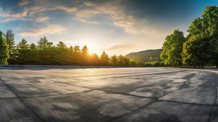 Fototapeta premium Captivating Wide Race Track and Lush Green Woods Nature Landscape at Sunset. created with Generative AI