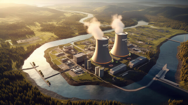 Nuclear Power Station. View of drone of nuclear power plant and river. nuclear energy.