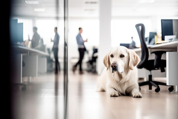 Large dog in office with working people in background. 