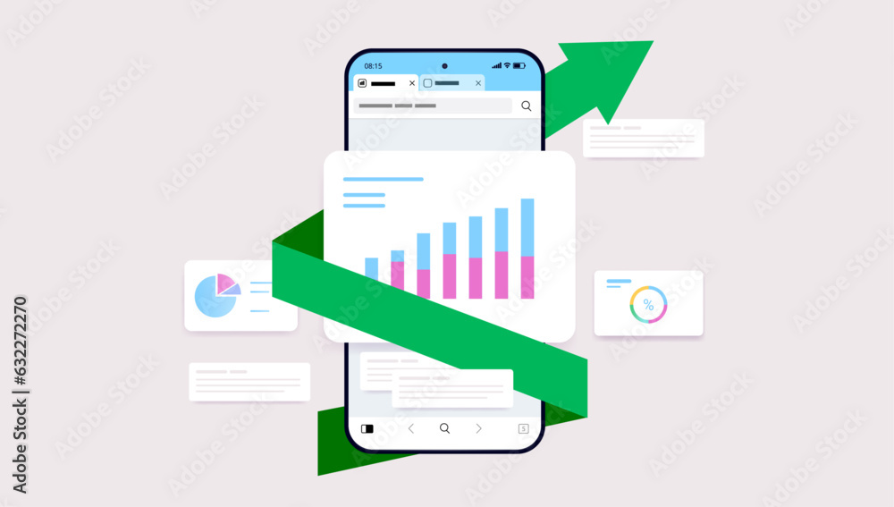 Fototapete Phone screen with rising chart - Smartphone with green arrow pointing up and rising diagram and graphs. Grows and success concept. Flat design vector illustration