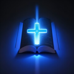 Futuristic Christianity worship concept with glowing low polygonal open bible and Christian
