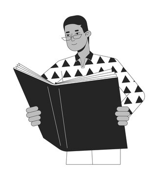recommend clip art: Focused man reading book flat line black white vector character. Financial education. Editable outline full body person. Simple cartoon isolated spot illustration for web graphic design