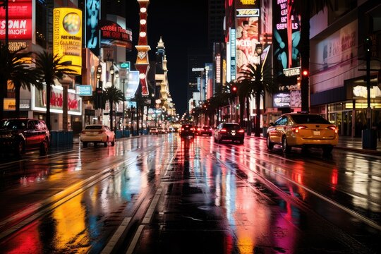 Fototapeta Neon night street of Las Vegas. Urban landscape. Generative AI