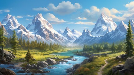  a painting of a mountain range with a river running through it.  generative ai