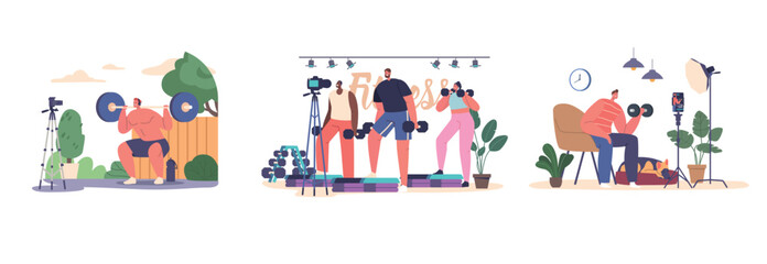 Characters Host A Power Exercise Vlog, Showcasing Dynamic Workouts, Offering Motivational Tips, Vector Illustration