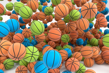 Many of flying multicolor basketball ball falling on white background