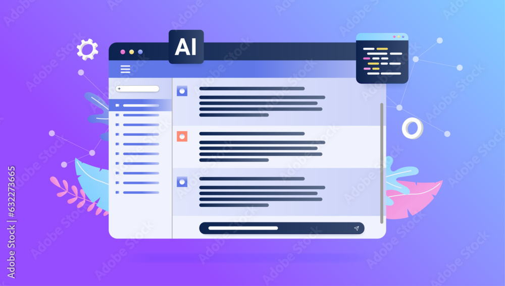 Poster Ai chat window vector - Decorative illustration of abstract artificial intelligence text dialogue technology. Semi flat design on purple background