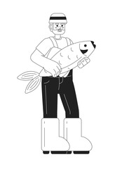 Cheerful senior man in hat catch fish monochromatic flat vector character. Editable thin line full body fisherman in boots and costume on white. Simple bw cartoon spot image for web graphic design