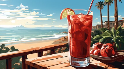 Сocktail Bloody Mary in glass on table of open restaurant on the beach. Delicious tomato bloody mary cocktail illustration. Side view. illustration Ai generated - obrazy, fototapety, plakaty