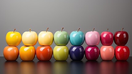  a row of colorful apples sitting on top of a table.  generative ai