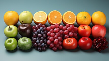  a group of fruits arranged in a row on a table.  generative ai