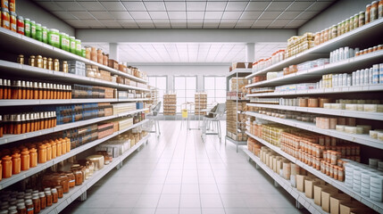 Long and bright supermarket aisle showcasing a wide selection of products. Generative AI