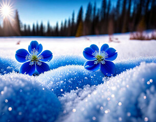 blue flowers on snow