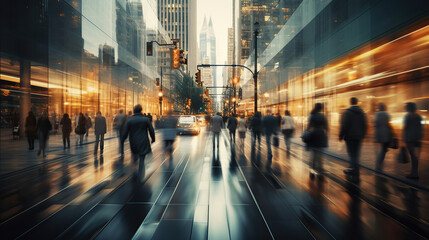 Blurred busy street scene with crowds of people. Abstract business background. Generative AI