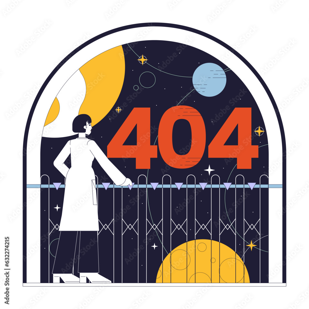 Poster female astronomy error 404 flash message. scientist observe sky with celestial bodies. empty state u