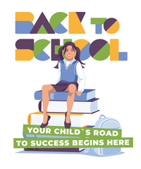 young schoolgirl sitting on a large set of books with a backpack on the background of the text. Advertisement 