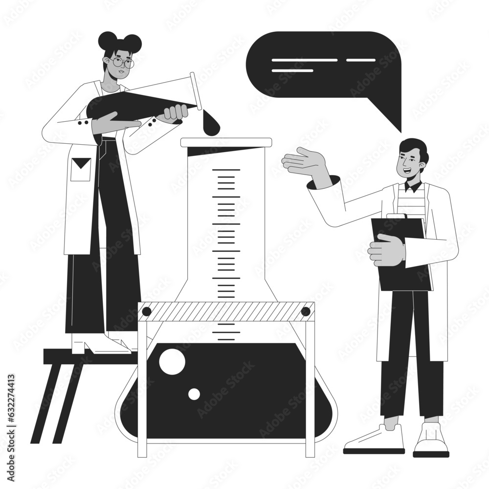 Poster chemical experiment bw concept vector spot illustration. scientists mixing liquids in flask 2d carto