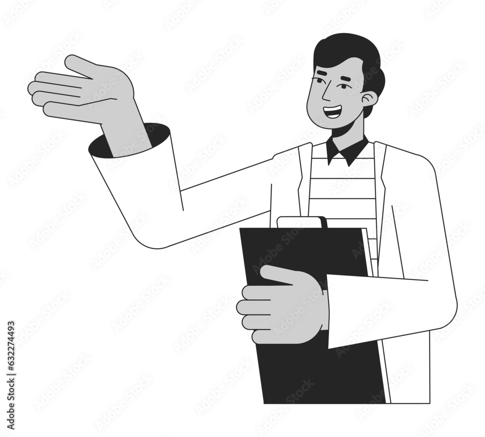 Poster scientist with documents bw concept vector spot illustration. indian man in lab coat 2d cartoon flat