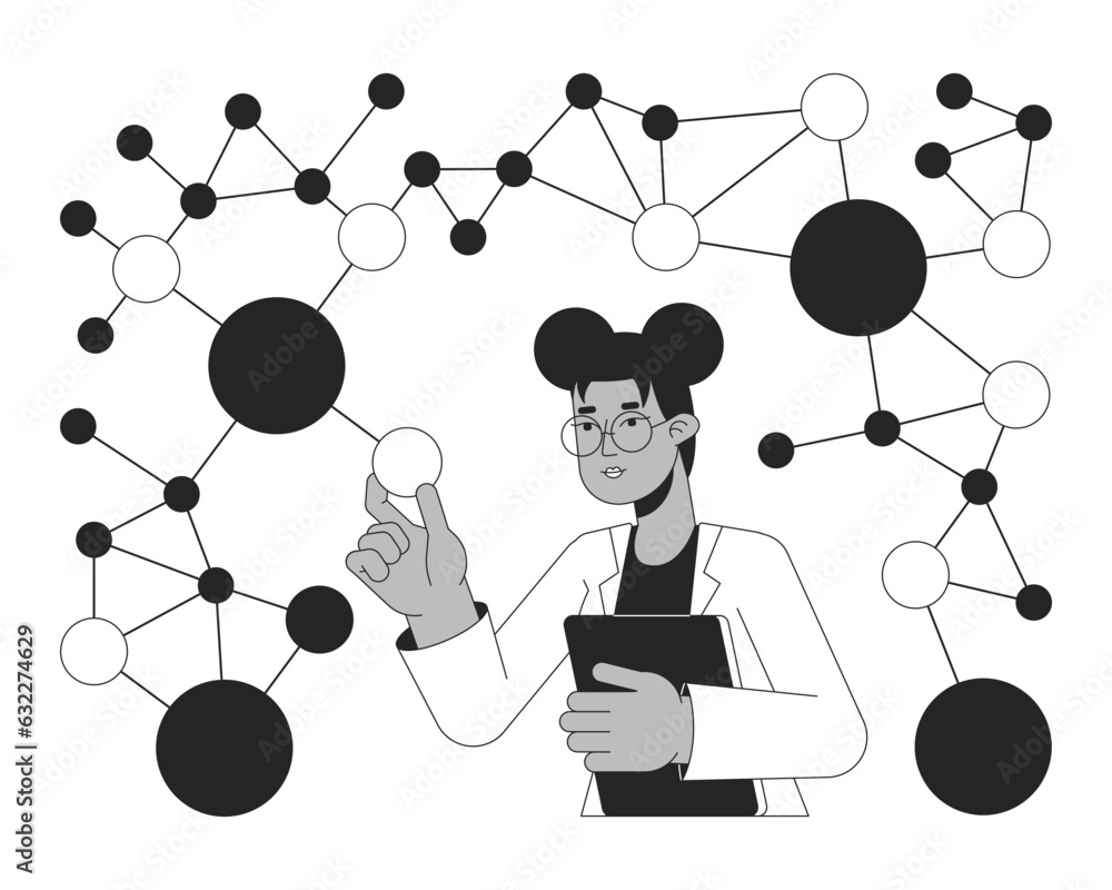 Poster scientist studying molecules bw concept vector spot illustration. atomic, molecular physicist 2d car