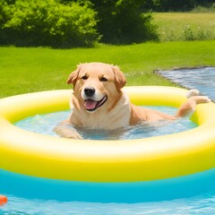 yellow labrador retriever swimming in pool