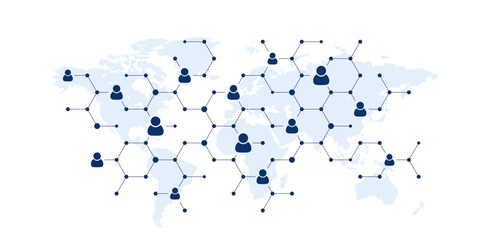 Social user network, people network illustration. Dots connected lines create network with world map background