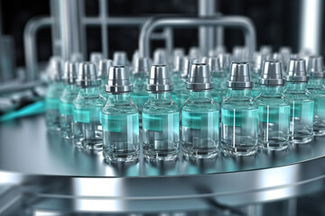 Glass Bottles with Clear Liquid on Automatic Conveyor Line - Streamlined Production of Medicinal Solutions. created with Generative AI