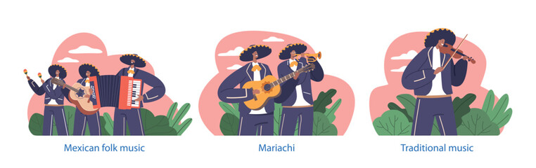 Isolated Elements with Mariachi Musician Band Playing Traditional Mexican Instruments Like Trumpet, Violin, Maracas