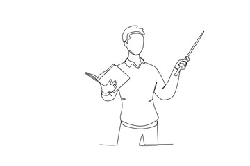 A teacher explains a lesson while holding a book. World teacher day one-line drawing