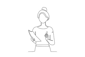 A teacher holding a book and chalk. World teacher day one-line drawing