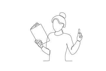 A teacher explains a textbook. World teacher day one-line drawing