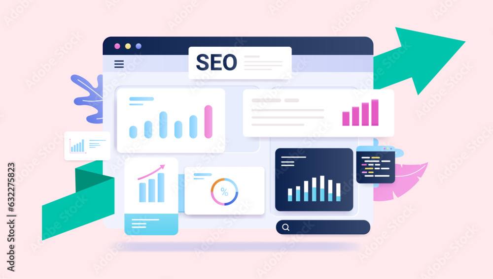 Leinwandbilder seo analytics and growth - rising charts and and search engine optimisation design elements. semi fl