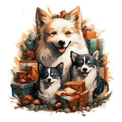 A delightful Christmas Husky Dog t-shirt design capturing a Husky family gathered around a Christmas tree, exchanging gifts with each other, Generative Ai