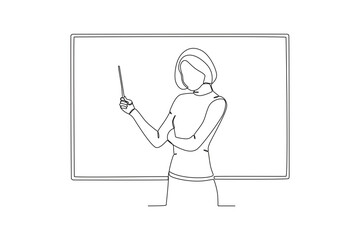 A short-haired teacher teaches in class. World teacher day one-line drawing