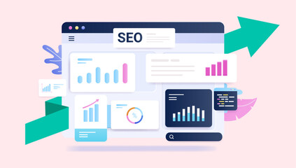 SEO analytics and growth - Rising charts and and search engine optimisation design elements. Semi flat vector illustration with beige background