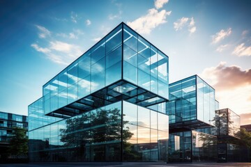 Bottom view of a modern glass skyscraper. Glass office building. The glass windows reflect the blue sky and the clouds.